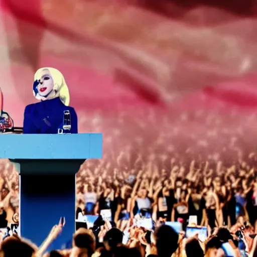 Image similar to Lady Gaga as president, Argentina presidential rally, Argentine flags behind, bokeh, giving a speech, detailed face, Argentina