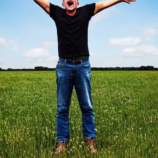 Prompt: happy man standing in a field with arms in the air