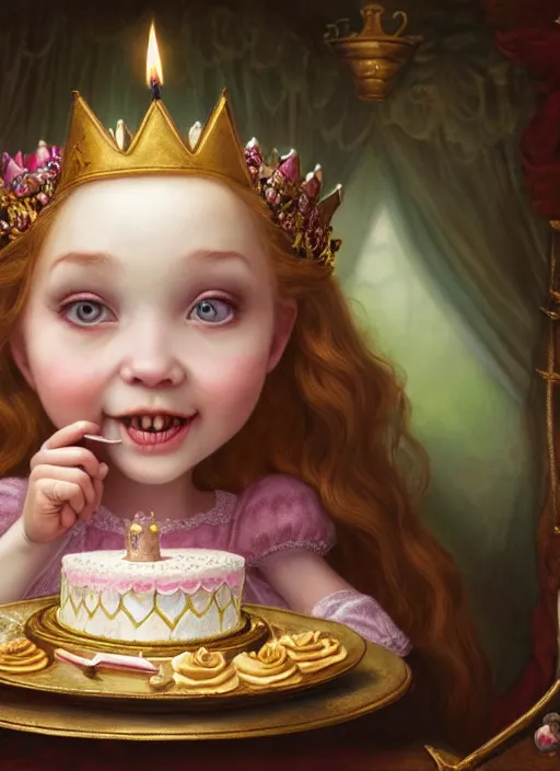 Image similar to highly detailed closeup portrait of a grinning fairytale medieval princess eating birthday cake, unreal engine, nicoletta ceccoli, mark ryden, lostfish, earl norem, global illumination, god rays, detailed and intricate environment