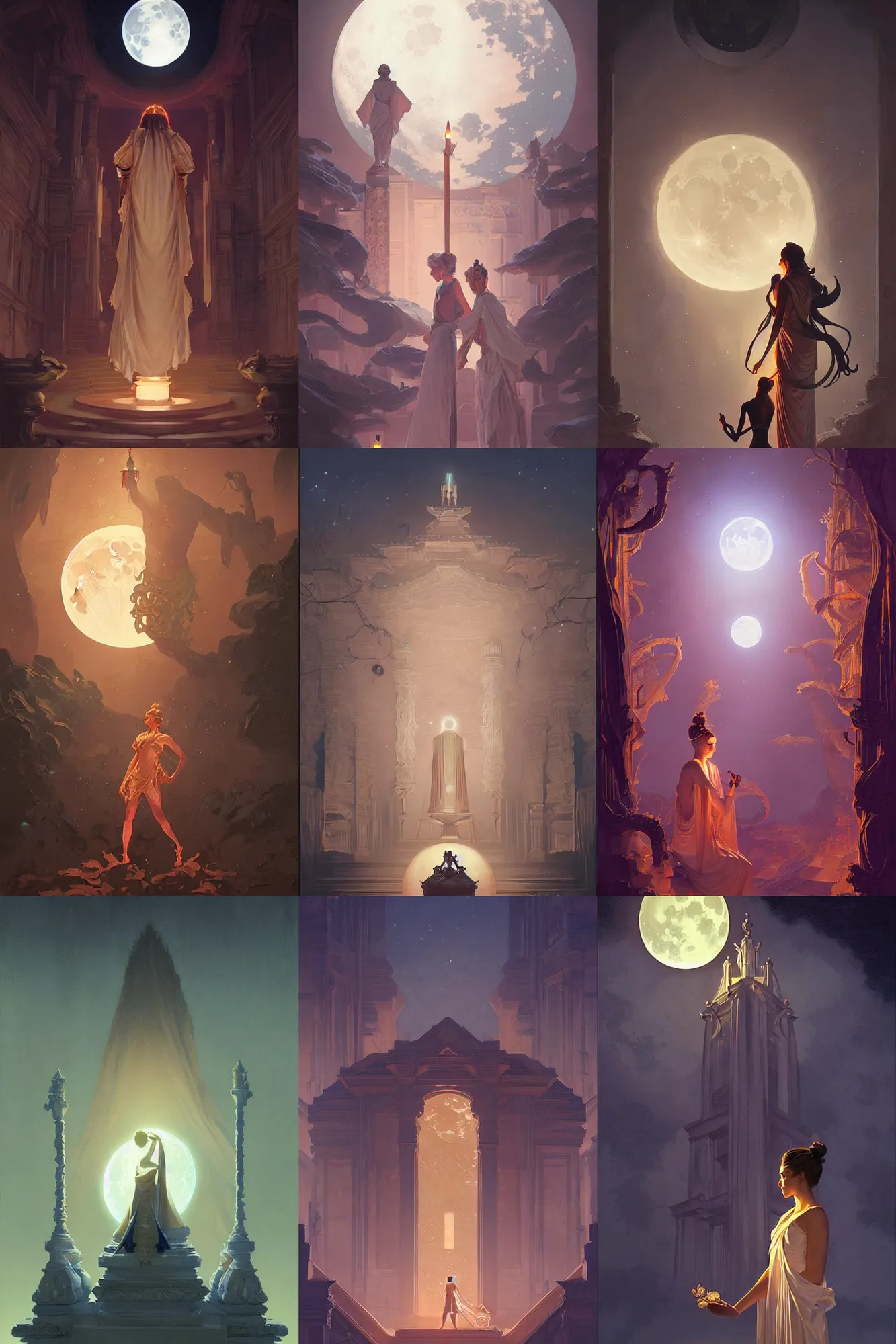 Prompt: temple, moon, bioluminescent, soft lighting, painting by greg rutkowski, j. c. leyendecker, artgerm