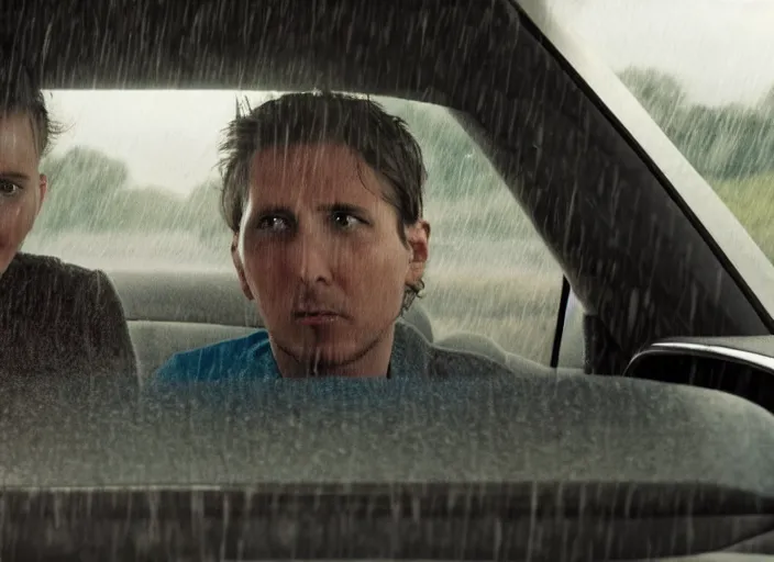 Image similar to A very high resolution image from a new movie, inside of a car, raining, hot, directed by wes anderson