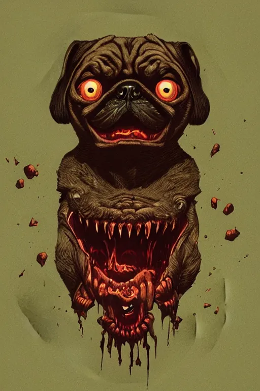 Image similar to demon pug eating flesh. art by mike winkelmann, sticker, illustration, highly detailed, artstation