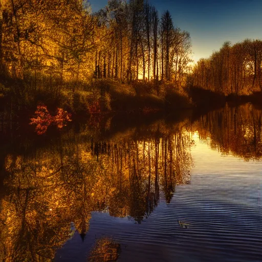 Image similar to river in a forest, golden hour, ray tracing reflection, 8k, hyper realistic, insainly detailed, hdr, octan render,