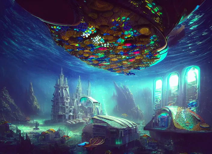 Prompt: favela spaceship cathedral, underwater environment, sorcery, scenery, professional, award - winning, trending on artstation, hyper detailed, realistic, beautiful, emotional, shiny, colorful, picture