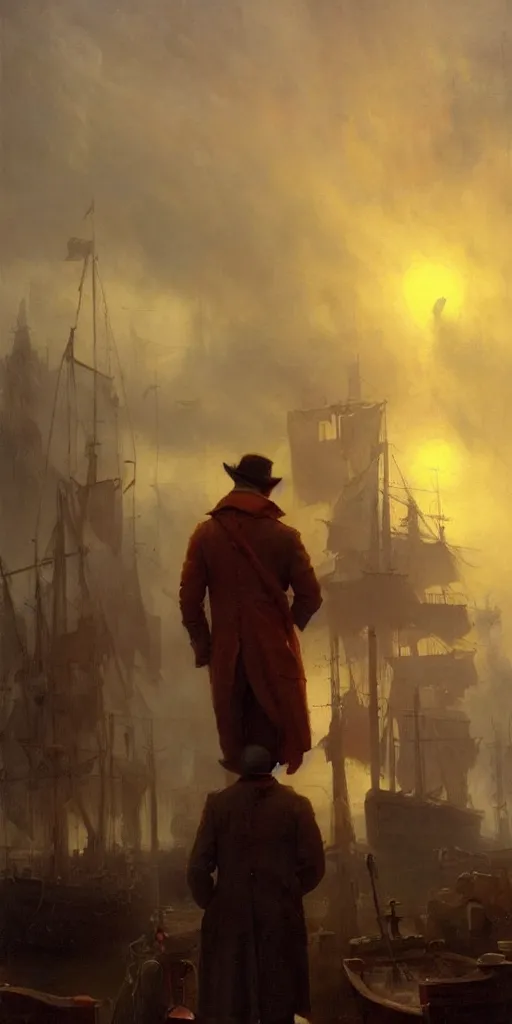 Image similar to a seaport in 1 9 4 0 with red light on, sunny day, a men stand up next to the edge, mystical orange fog, oil on canvas, art by andreas achenbach, clemens ascher, tom bagshaw and sabbas apterus,