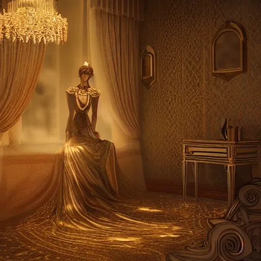 Image similar to an incredibly beautiful and elegant woman covered in intricate gold leaf detail in a gothic hotel room with soft indirect lighting, an ultrafine detailed illustration by victoria frances, final fantasy, cinematic colors, behance contest winner, unreal engine 5 highly rendered, global illumination, radiant light, detailed and intricate environment