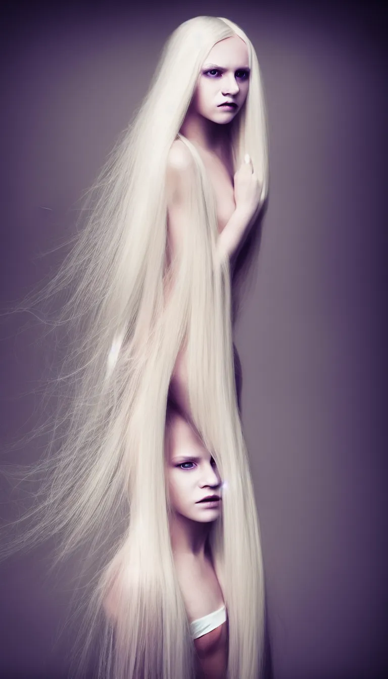 Image similar to photo portrait of a young woman with long blond hair dressed in long white, fine art photography light painting in style of Paolo Roversi, professional studio lighting, dark background, hyper realistic photography, fashion magazine style