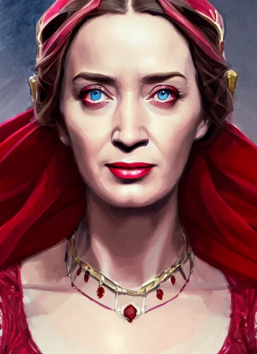 Image similar to portrait of emily blunt as scarlet witch, jewelry, greek, ruby, victorian age, 1 8 9 0, intricate, headshot, key visual, conceptart, ambient lighting, highly detailed, digital painting, artstation, concept art, sharp focus, by makoto shinkai and akihiko yoshida and greg manchess