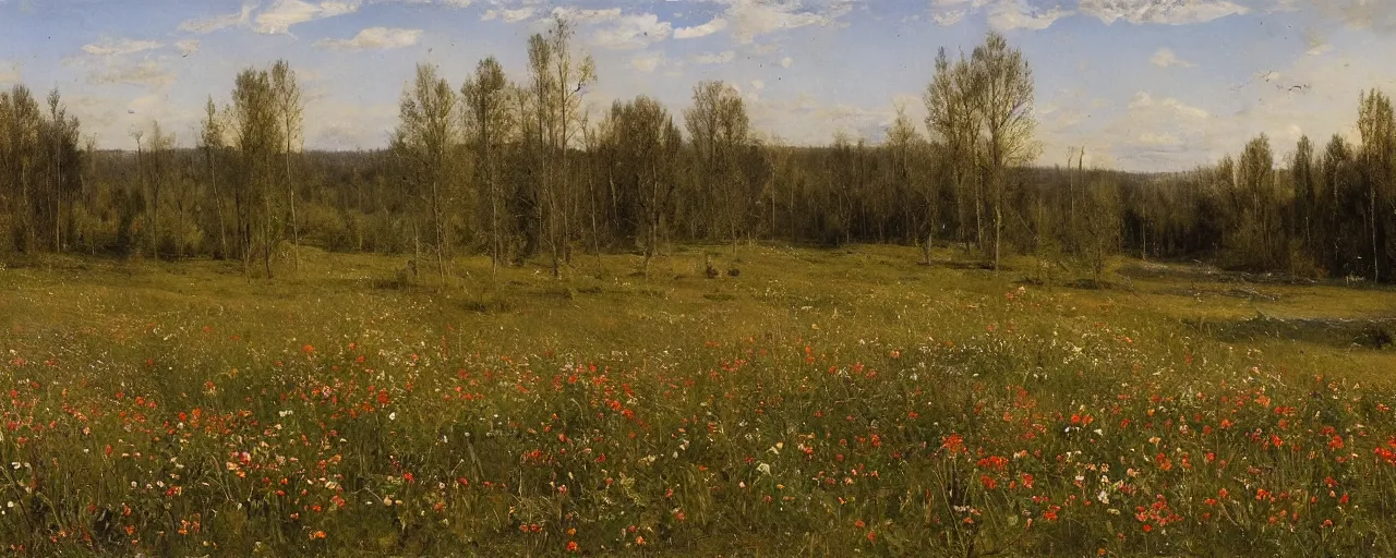 Image similar to summer wild flowers blooming in winter landscape, lush field, forest, river, matte painting, by Isaac Levitan and Vasily Perov