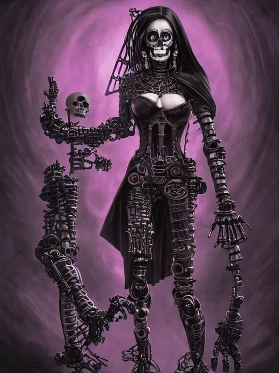 Prompt: body picture of female steampunk necromancer and her two robotic skeletons, skintight black clothes, dark purple cape, black skin, pink straight hair, high fantasy, black metal fractal background, ornamental, intricate, dnd, highly detailed, two arms, detailed face, smooth, sharp focus, digital painting, by artgerm and greg rutkowski and alphonse mucha