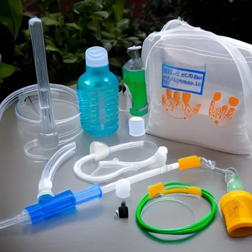 Image similar to musical instrument made out of clear tubing, syringes, urine collection bag, iv pole, fluid bag, nebulizer equipment