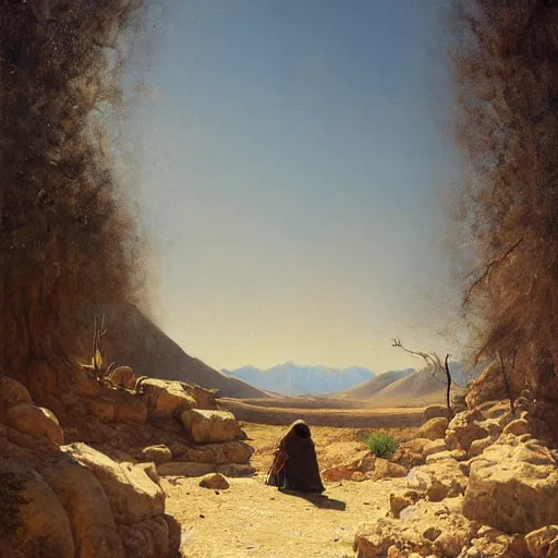 Image similar to Richard Stallman in the desert, in the style of Christ in the Wilderness by Ivan Kramskoi, painting, trending on arstation