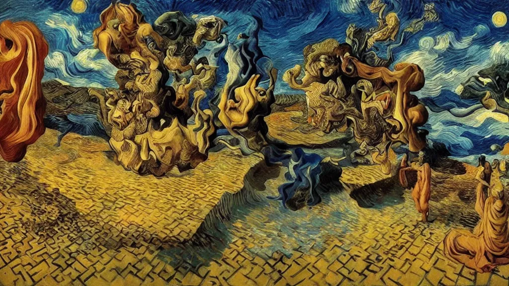 Image similar to psychoautistic scene of a divine moment, 4K, Rococo & Precisionism, colorized, by collaboration of Salvador Dali, Van Gogh and M. C. Escher