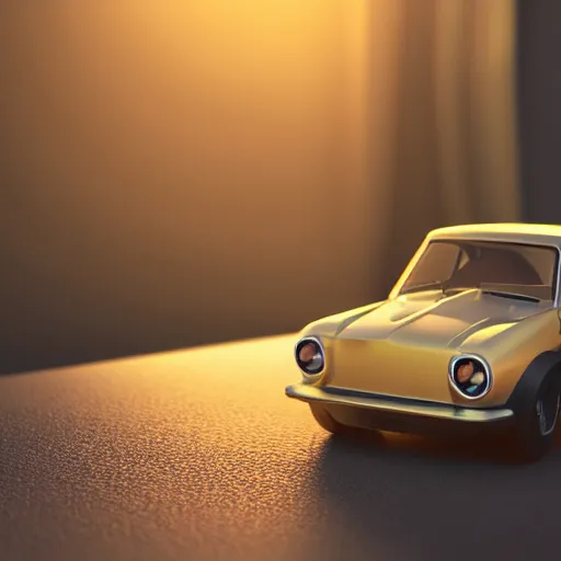 Prompt: a 3d render of a miniature car near the window, sunlight, tyndall effect, 4k