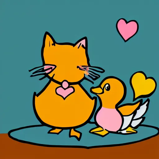 Image similar to a kitten and a duck in love cartoon