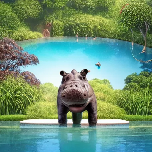 Image similar to 3D render of an anthropomorphic hippo wading in a pool at a beautiful and lush park. There is a jungle in the background, summer, warm gentle lighting, anatomy portrait, fullbody, symmetrical, 3D, with lightning, ultra colourful clean design, beksinski, carl spitzweg, Beeple, and Tuomas Korpi and bouguereau, good clear quality, warm lighting, biology, symmetrical artwork, perfect face, 135 mm, cinematic, hyper realism, high detail, octane render, Maya Render, 8k, pink and green accents