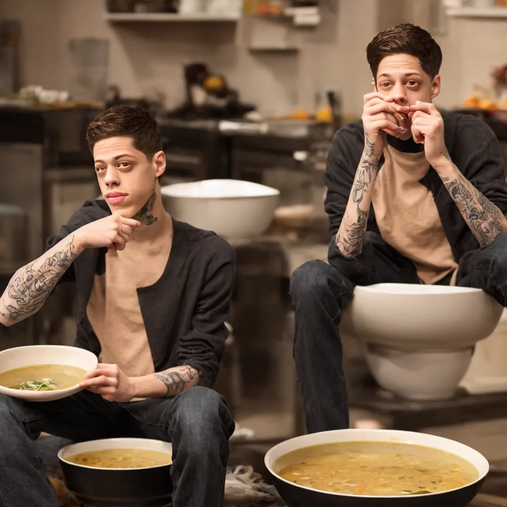 Image similar to pete davidson sitting in a bowl of nice broth soup