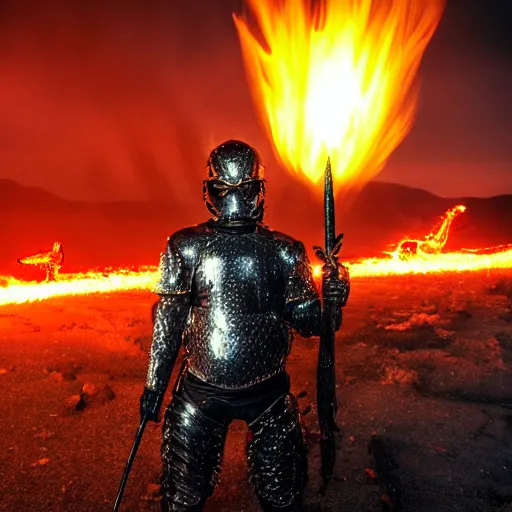 Prompt: badass photograph of a man clad in black metallic armor holding a glowing trident, background of a nuclear wasteland at night with lava, dramatic lighting, film still