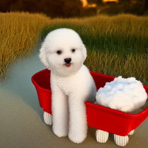 Prompt: a photorealistic photograph of a smiling white Bichon Frisé puppy pulling a little red wagon that is overflowing with french fries during sunset at the beach Trending on Artstation, featured on Behance, well-rendered, Unreal Engine, 4K HD