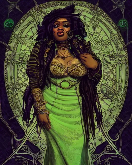 Image similar to a detailed portrait illustration of a steampunk necromancer - gambler. beautiful obese black female face, very dark skin. gorgeous green eyes. voodoo aesthetic. art nouveau, pop art, comic book style. influenced by neil gaiman, dan mumford, brian froud, kehinde wiley, killian eng, ross tran.