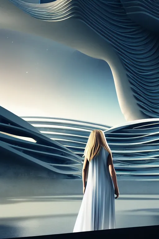 Image similar to a futuristic scene with an log blonde haired woman in a white flowing dress, in front of a zaha hadid building, cinematic matte painting, extreme detail photo quality, dark moody colors, featured on behance