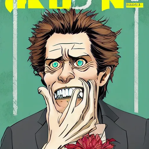 Image similar to willem dafoe, grinning, wearing a suit, posing, portrait surrounded by hibiscus flowers, jojo cover art, jojo anime style, david production, style of vento aureo cover art, style of stone ocean cover art, style of steel ball run cover art, style of jojolion cover art, ilya kuvshinov style, illustrated by hirohiko araki