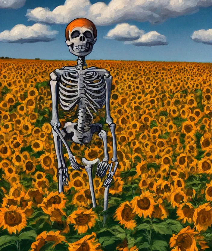 Prompt: a closeup portrait of a skeleton in an orange prisoner overall, standing in beautiful sunflower field, screaming and sad, highly detailed, aesthetic clouds in the sky, in the style of edward hopper, very fine brush strokes, 4 k,