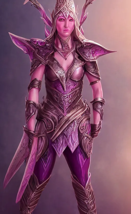 Image similar to a full body portrait of an elven woman with pink skin, and armor fit for a queen, wearing purple headphones, and smiling, dynamic lighting, photorealistic fantasy concept art, trending on art station, stunning visuals, creative, cinematic, ultra detailed