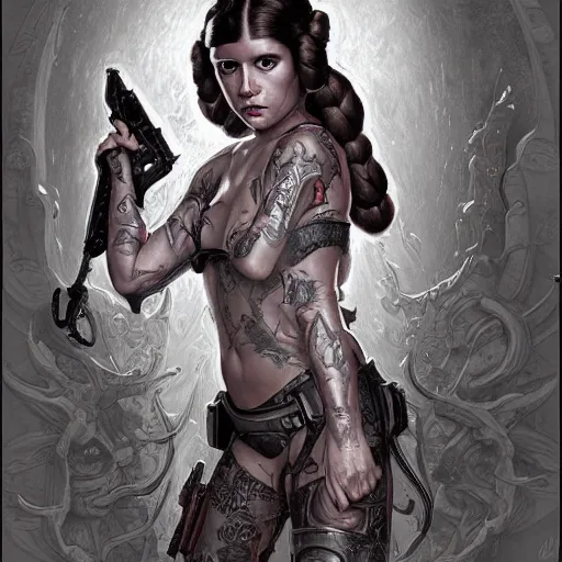 Prompt: princess Leia as a slayer guitar player, heavy tattoos, artstation, intricate, elegant, highly detailed, centered, digital painting, concept art, smooth, sharp focus, illustration, art by artgerm and donato giancola and Joseph Christian Leyendecker, Ross Tran, WLOP