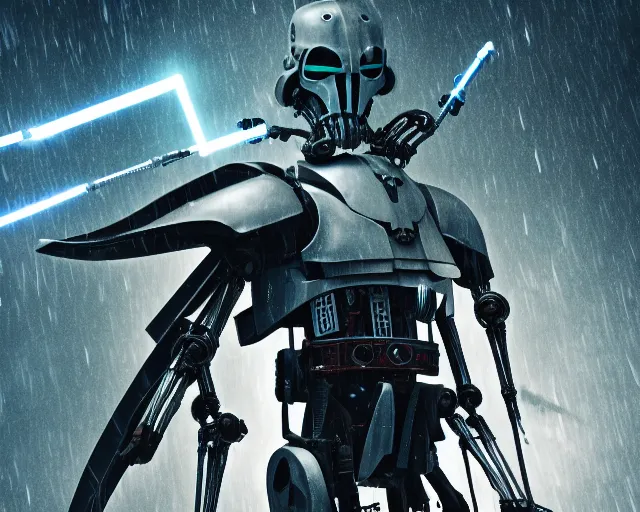 Image similar to photo of general grievous with 4 arms holding 4 activated lightsabers in the rain. cyberpunk horror style. highly detailed 8 k. intricate. nikon d 8 5 0 5 5 mm. award winning photography.