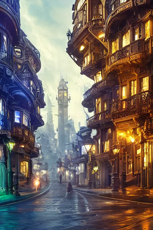 Image similar to a futuristic victorian city street, national geographic cover, award winning, 4 k, smooth, bright, light, colorful, victorian, futuristic, cyber - w 1 7 9 2