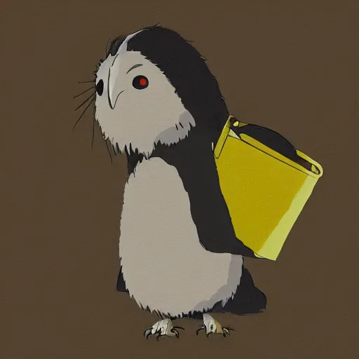 Image similar to still from studio ghibli movie My Neighbor Totoro, Hayao Miyazaki,barn owl in a black suit wearing an office bag going to the office, symetrical face,digital oil painting