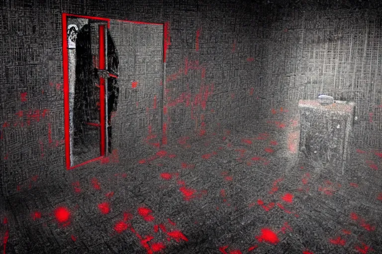 Image similar to cctv of an extremely dark empty room with evil horror humanoid cryptid monster made out of static, dark deep black shadows, crimson red and black color contrast in the style of trevor henderson and james ensor goya, liminal space, 3 d render, glitch effect