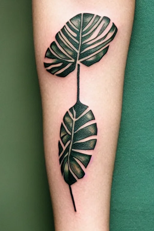 Prompt: tattoo of a monstera deliciosa leaf and a alocasia zebrina leaf, intricate, elegant, thin lines