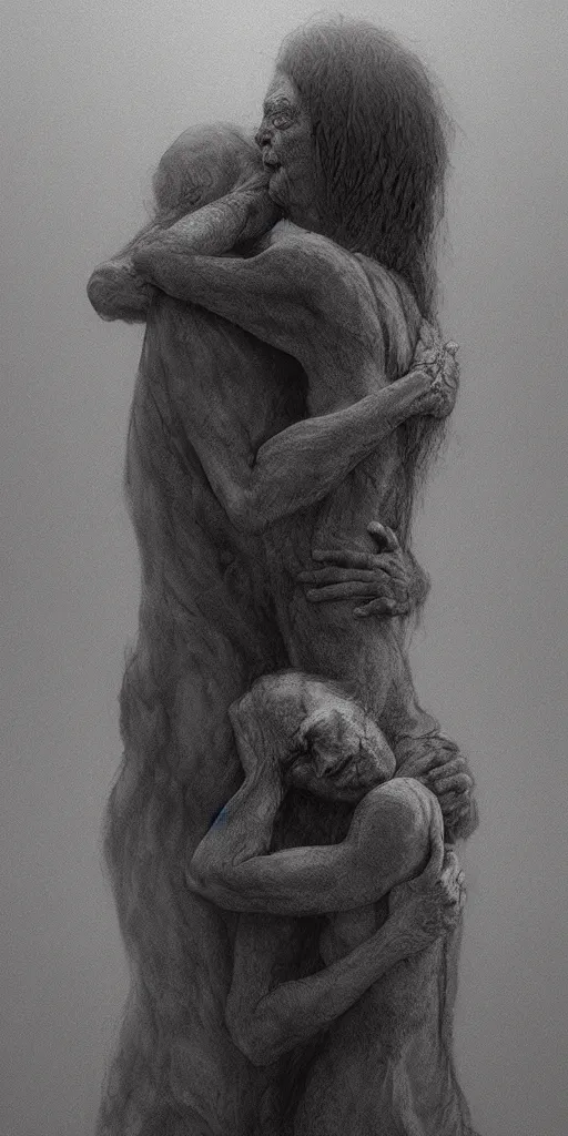 Image similar to death man and women hugging, in the style of keith thompson and zdzislaw beksinski, artstation hd, 8 k, surrealistic digital artwork