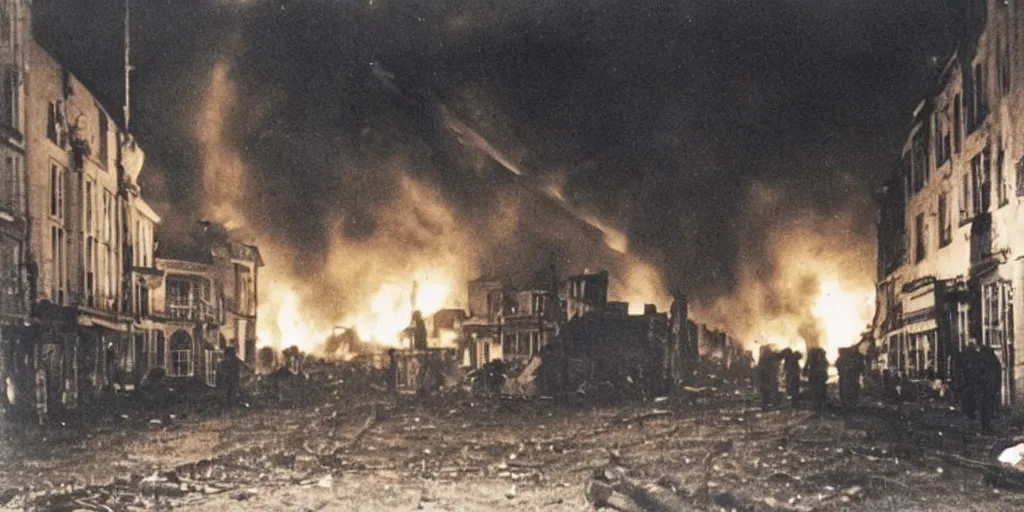 Image similar to a colour photo taken at night of saint - malo street on fire after a bombing in 1 9 4 5