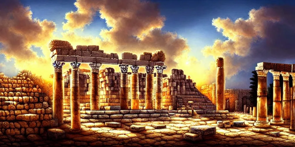 Image similar to illusion painting hidden image : an adorable small fox in the huge ruins of the second temple in jerusalem. the dreamy clouds above are shaped like the new temple. a hooded bearded old man in a brown tunic laughing, colorful 8 k, art station, intricate superb details, digital art, illusion painting hidden image.