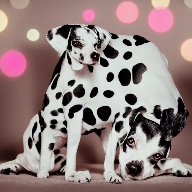 Prompt: vogue photoshoot octane render portrait of 1 0 1 dalmatian with white background, focus bright colorful pastel exotic vintage boutique hotel lounge, very short depth of field, bokeh