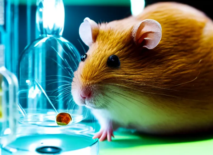 Image similar to film still of a hamster working in a research lab using a tiny microscope, 8 k