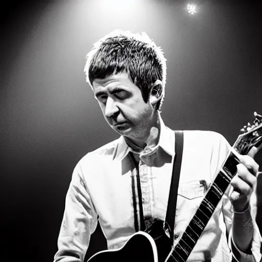 Prompt: noel gallagher on stage , black and white