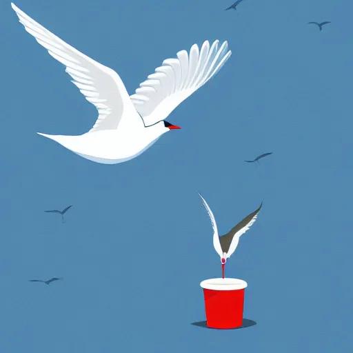 Prompt: A flying arctic tern holding french fries at the pier, blue background setting, illustration, storybook, Artstation