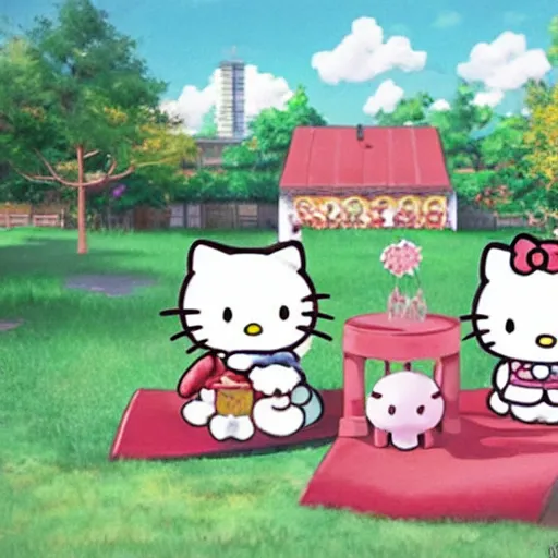 Image similar to painting of hello kitty and hello kitty friends and sanrio characters and playing outside on a sunny day, adventures of hello kitty and friends, by makoto shinkai, by sanrio