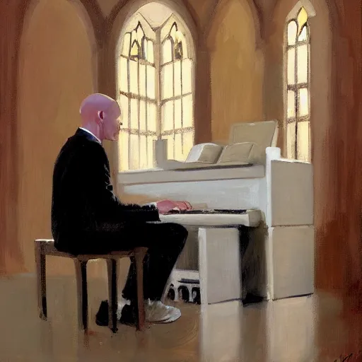 Image similar to a portrait of agent 4 7 playing a piano next to a white coffin in a monestary by gregory manchess, james gurney, james jean