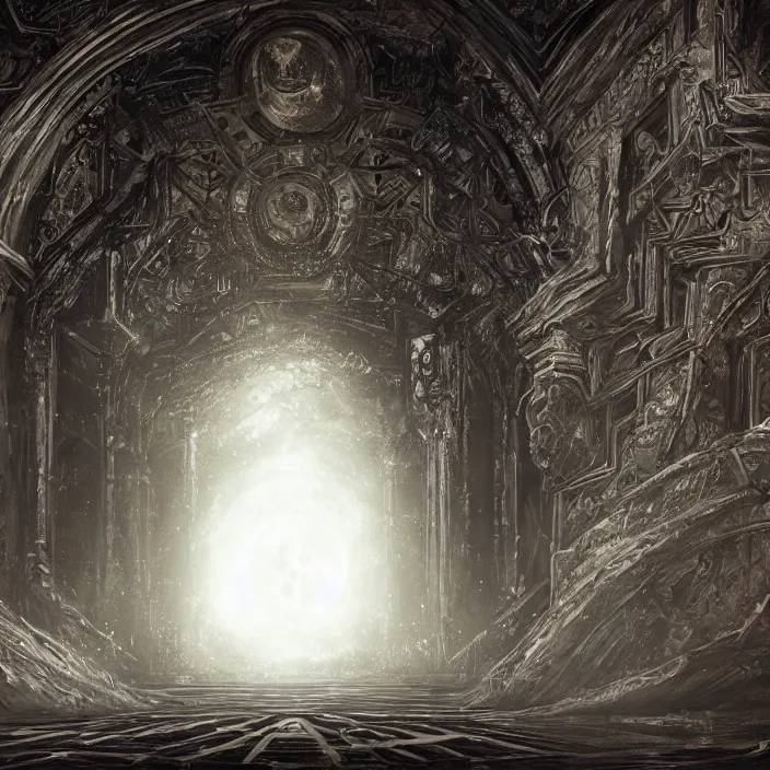 Image similar to ominous mysterious dark etherial gate in the void, midnight, quiet and serene, deviantart, hall of mirrors, official art, concept art, intricate high detail masterpiece