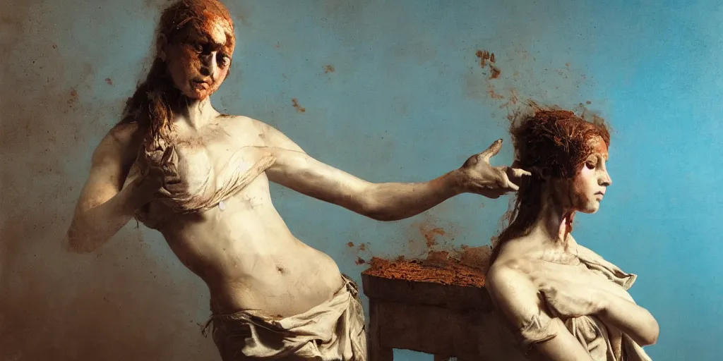 Image similar to highly detailed photography of a woman made of rust clay and fire, hand gesture, sharp focus, dust particles, dirt, dramatic scene, aesthetic, dynamic lighting, elegant, harmony, masterpiece, by roberto ferri, blue background, high quality, spatula