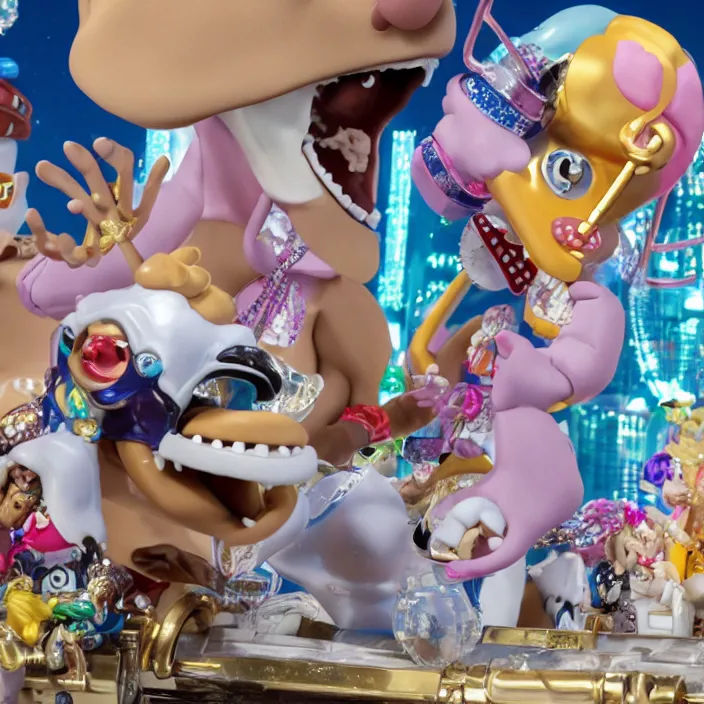 Image similar to jeff koons hip hop bauhaus style street sharks sailor moon wearing diamond grillz and a ton of bussdown iced gold bling in wallace & gromit strata - cut claymation, ultra realistic, concept art, intricate details, serious, highly detailed, photorealistic, octane render, 8 k, unreal engine, art by todd mcfarlane