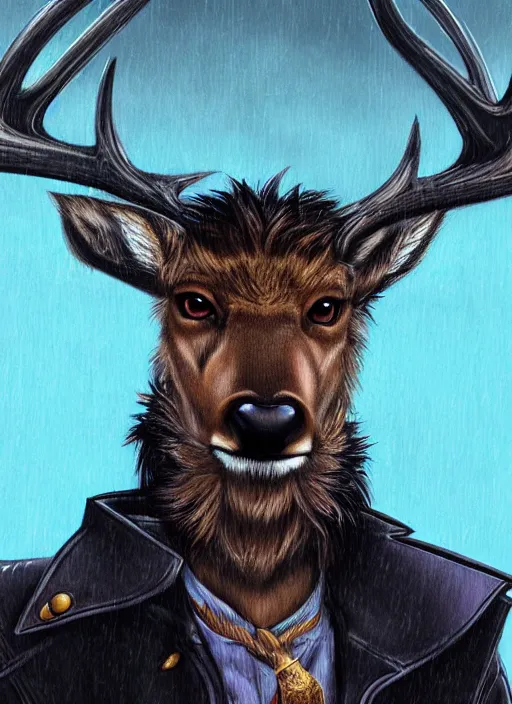 Image similar to aesthetic portrait commission of a of a male fully furry anthro deer with a tail and a beautiful attractive hyperdetailed face wearing wearing a outfit in a sci - fi dystopian city at golden hour while it storms in the background. character design by dayer, diego 5, detailed, inked, western comic book art, award winning film poster painting