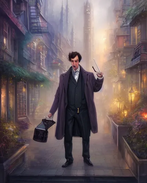 Image similar to portrait of sherlock holmes on a futuristic city street, soft colours, digital painting, detailed, realistic, digital art, by alayna lemmer, by tom bagshaw