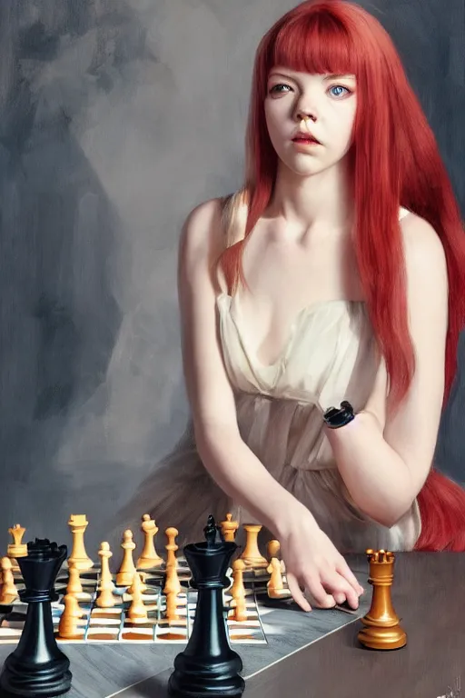 Image similar to a ultra detailed beautiful panting of anya taylor - joy, queens gambit, red hair, bangs, she is holding a chess piece in her hand, high angle shot, the background has an abstract chessboard pattern, oil painting, by ilya kuvshinov, greg rutkowski and makoto shinkai