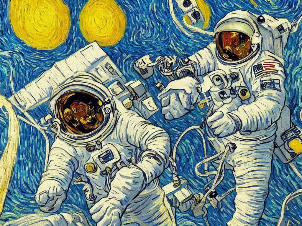 Prompt: bright beautiful oil painting of astronaut giving a thumbs up on a spacewalk, light scatter, van gogh